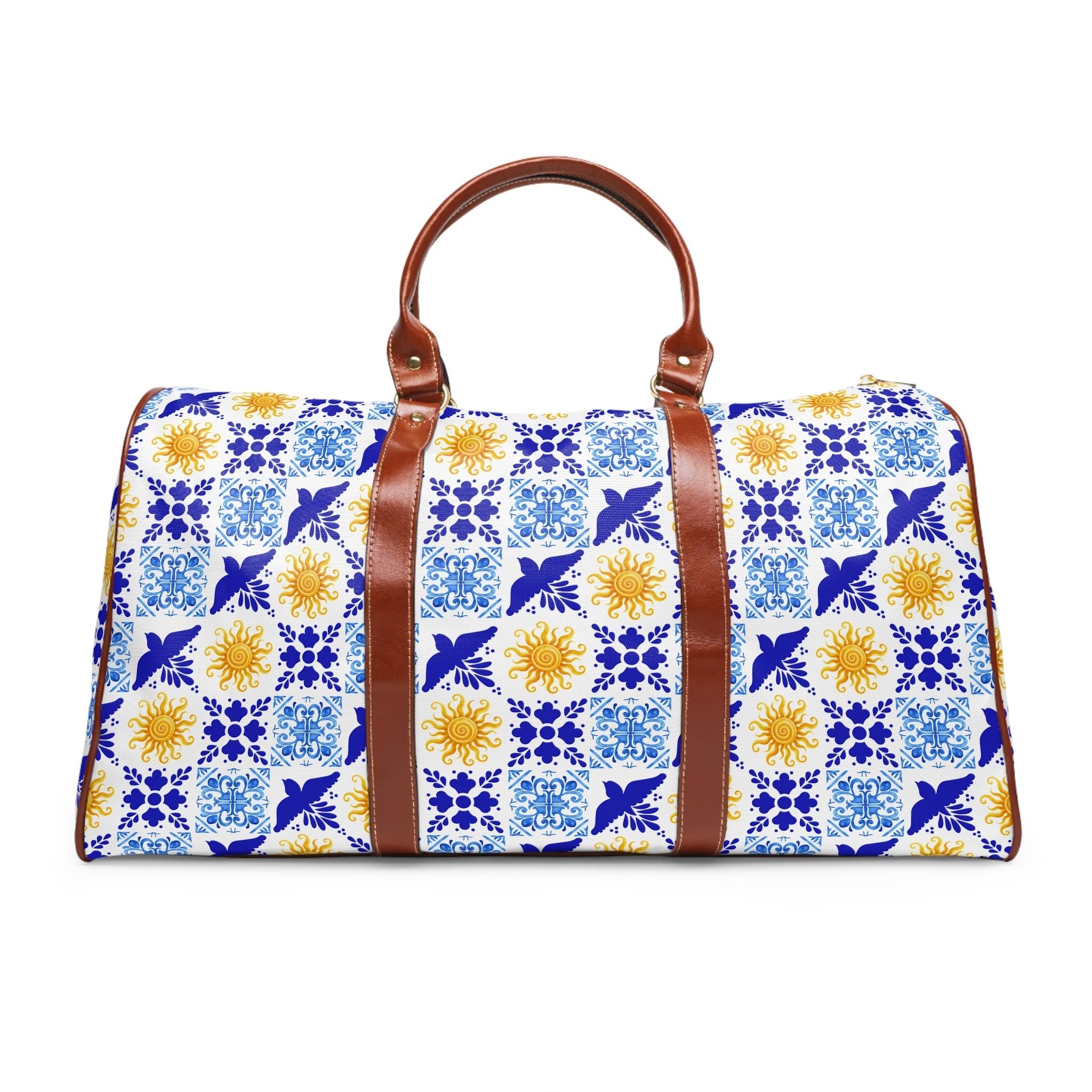 Talavera Sol Tile Print Waterproof Travel Bag, Duffle with Sun and Bird Pattern Bags La Vie Bien Talavera Sol Tile Print Waterproof Travel Bag, Duffle with Sun and Bird Pattern