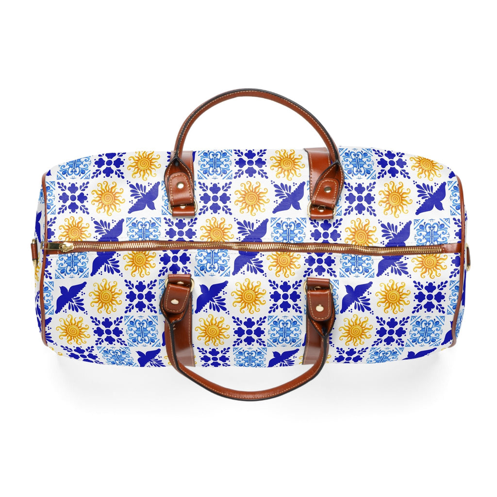 Talavera Sol Tile Print Waterproof Travel Bag, Duffle with Sun and Bird Pattern Bags La Vie Bien Talavera Sol Tile Print Waterproof Travel Bag, Duffle with Sun and Bird Pattern