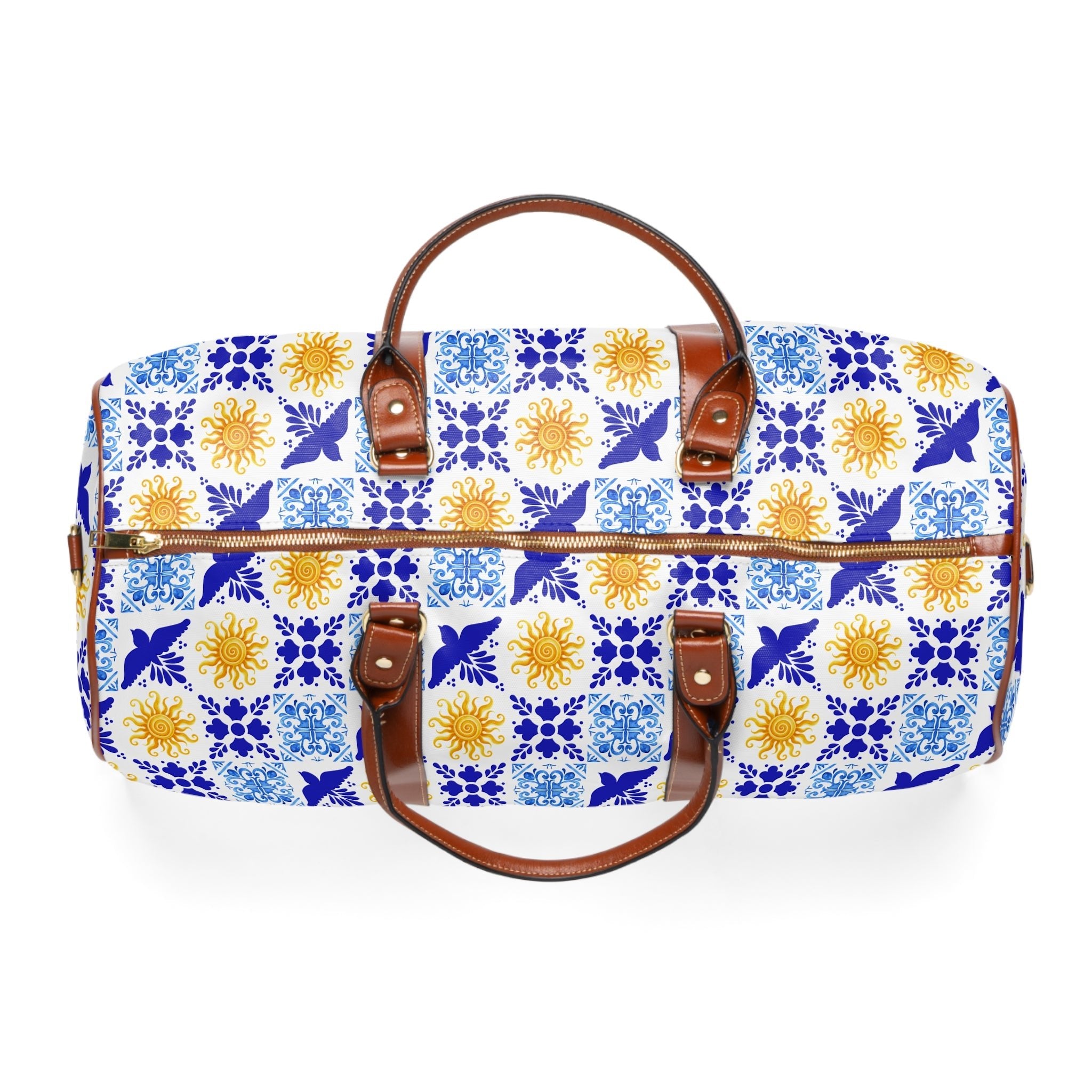 Talavera Sol Tile Print Waterproof Travel Bag, Duffle with Sun and Bird Pattern Bags La Vie Bien Talavera Sol Tile Print Waterproof Travel Bag, Duffle with Sun and Bird Pattern