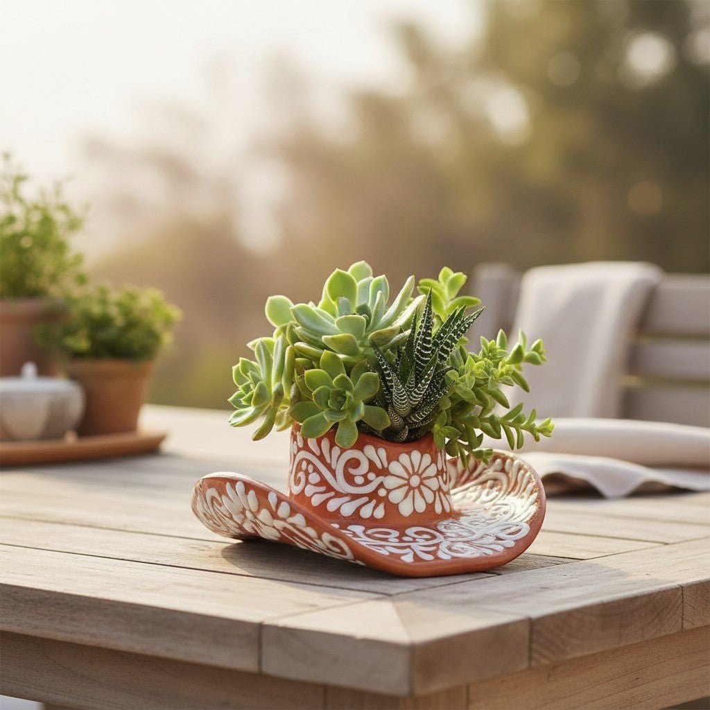 Talavera Sombrero Planter | Brown & White Floral Design Talavera Planter La Vie Bien Talavera Sombrero Planter | Brown & White Floral Design