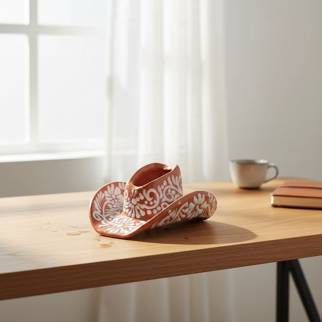 Talavera Sombrero Planter | Brown & White Floral Design Talavera Planter La Vie Bien Talavera Sombrero Planter | Brown & White Floral Design