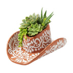 Talavera Sombrero Planter | Brown & White Floral Design Talavera Planter La Vie Bien Talavera Sombrero Planter | Brown & White Floral Design