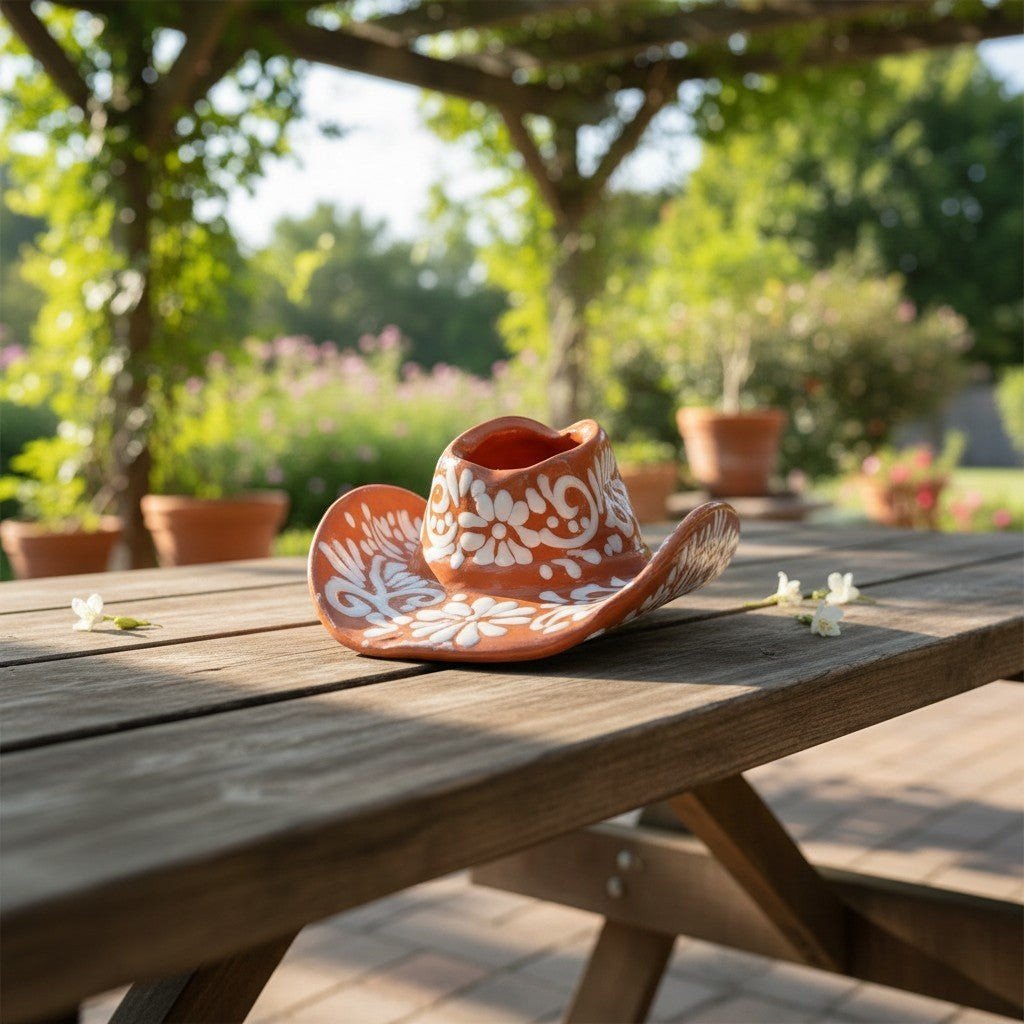 Talavera Sombrero Planter | Brown & White Floral Design Talavera Planter La Vie Bien Talavera Sombrero Planter | Brown & White Floral Design
