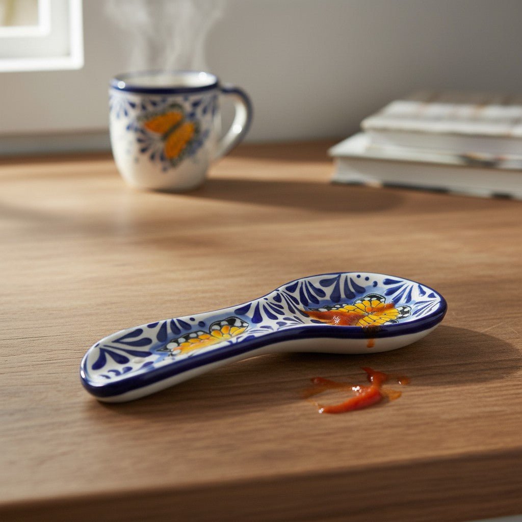 Talavera Spoon Rest | Blue & White Monarch Butterfly Talavera Spoon Rest La Vie Bien Talavera Spoon Rest | Blue & White Monarch Butterfly
