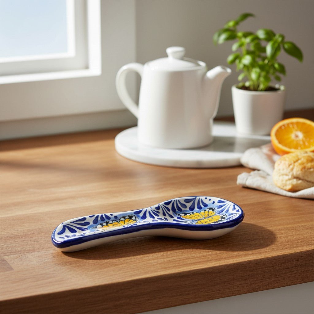 Talavera Spoon Rest | Blue & White Monarch Butterfly Talavera Spoon Rest La Vie Bien Talavera Spoon Rest | Blue & White Monarch Butterfly