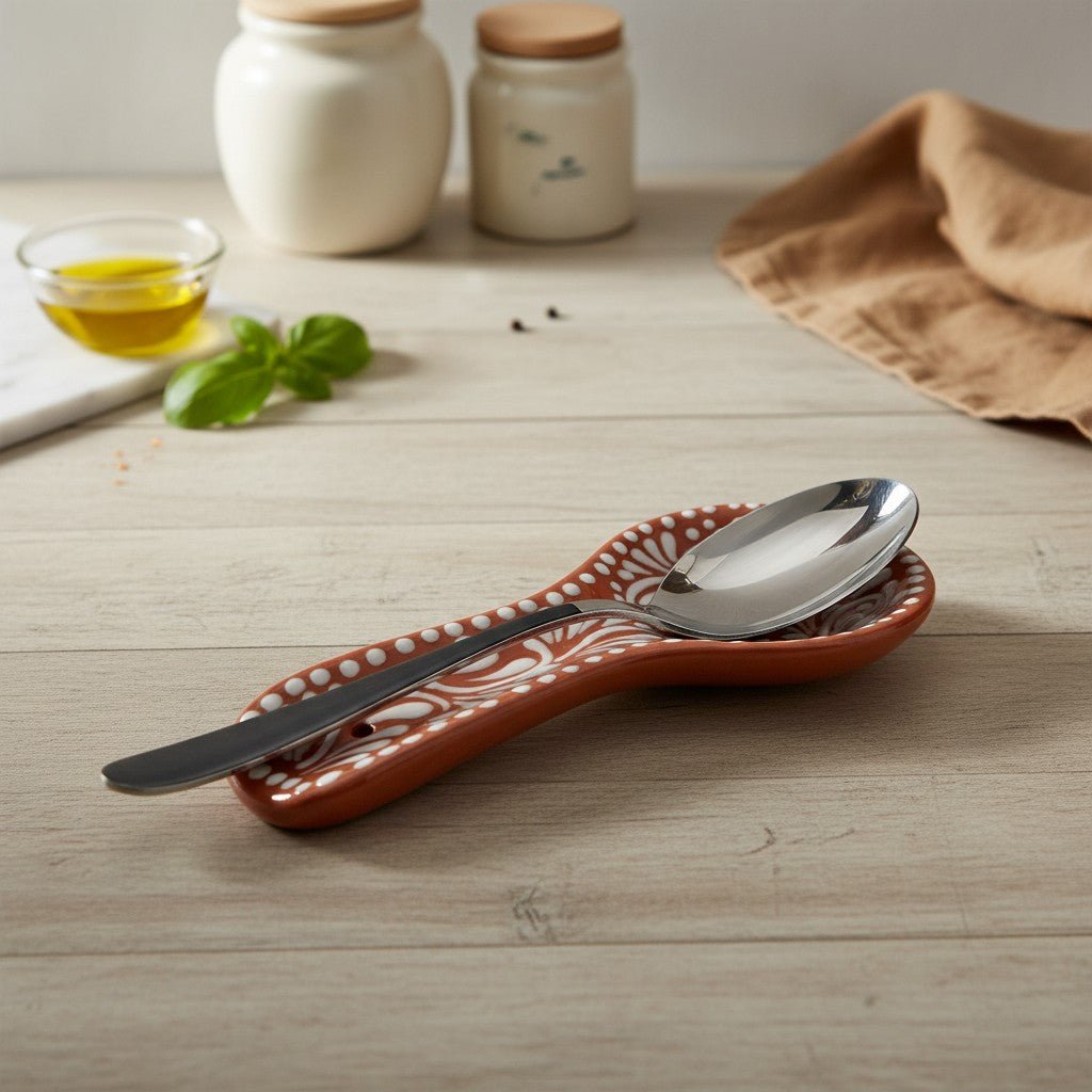 Talavera Spoon Rest | Brown & White Handcrafted Design Talavera Spoon Rest La Vie Bien Talavera Spoon Rest | Brown & White Handcrafted Design