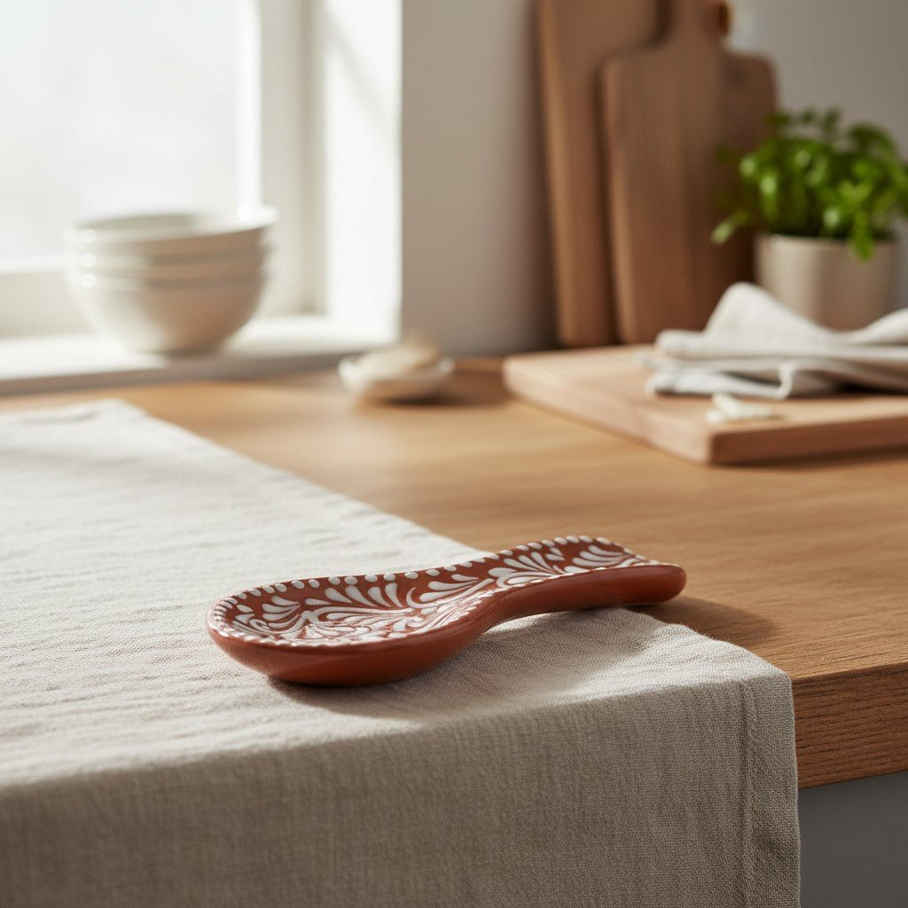Talavera Spoon Rest | Brown & White Handcrafted Design Talavera Spoon Rest La Vie Bien Talavera Spoon Rest | Brown & White Handcrafted Design