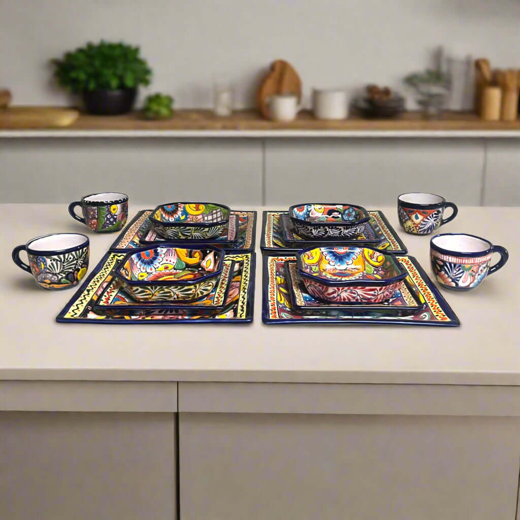 Talavera Square Dinnerware Set | 16-Piece Mexican Pottery Set Talavera Dinnerware Set La Vie Bien Talavera Square Dinnerware Set | 16-Piece Mexican Pottery Set