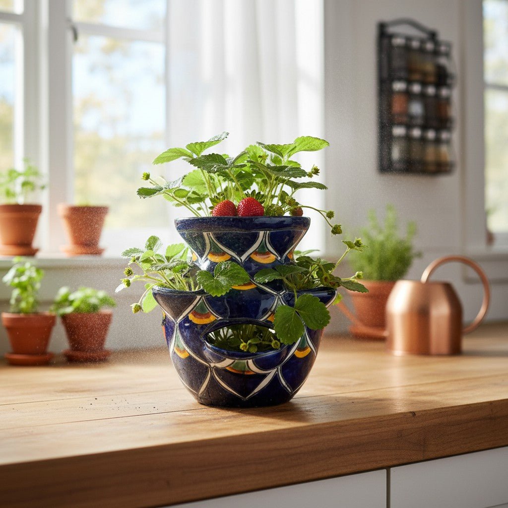 Talavera Strawberry Planter | Blue Peacock Design Talavera Planter La Vie Bien Talavera Strawberry Planter | Blue Peacock Design