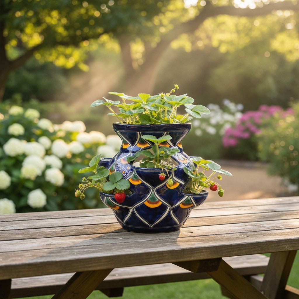 Talavera Strawberry Planter | Blue Peacock Design Talavera Planter La Vie Bien Talavera Strawberry Planter | Blue Peacock Design