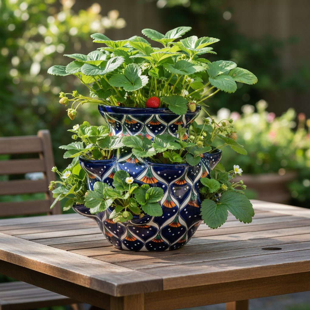 Talavera Strawberry Planter | Blue Peacock Design Talavera Planter La Vie Bien Talavera Strawberry Planter | Blue Peacock Design