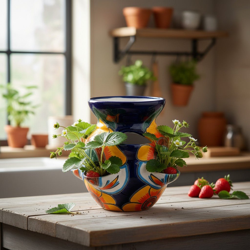 Talavera Strawberry Planter | Sunflower Lily Design Talavera Planter La Vie Bien Talavera Strawberry Planter | Sunflower Lily Design
