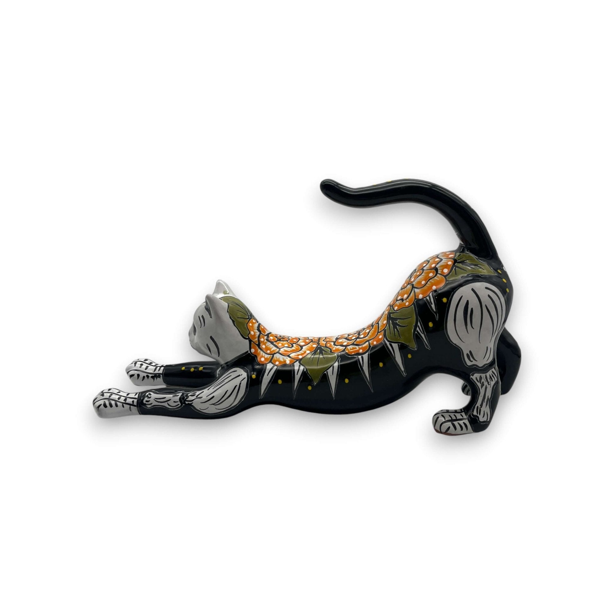Talavera Stretching Cat Figurine | Hand-Painted Calavera Art Talavera Statue La Vie Bien Talavera Stretching Cat Figurine | Hand-Painted Calavera Art