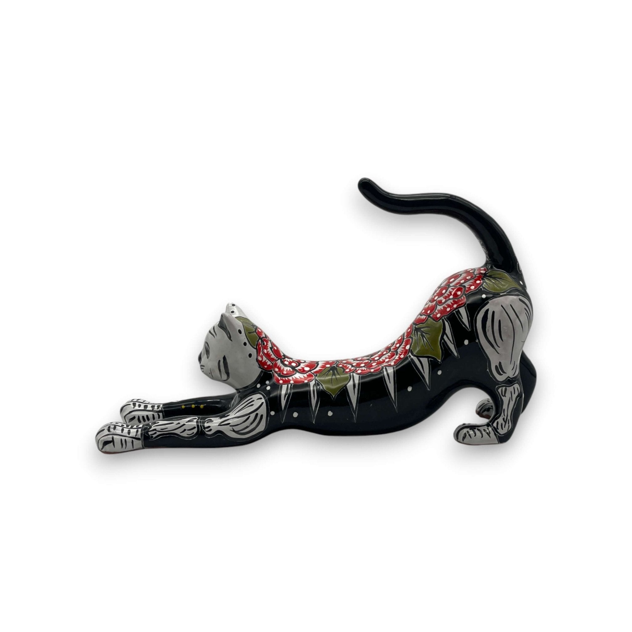 Talavera Stretching Cat Figurine | Hand-Painted Calavera Art Talavera Statue La Vie Bien Talavera Stretching Cat Figurine | Hand-Painted Calavera Art