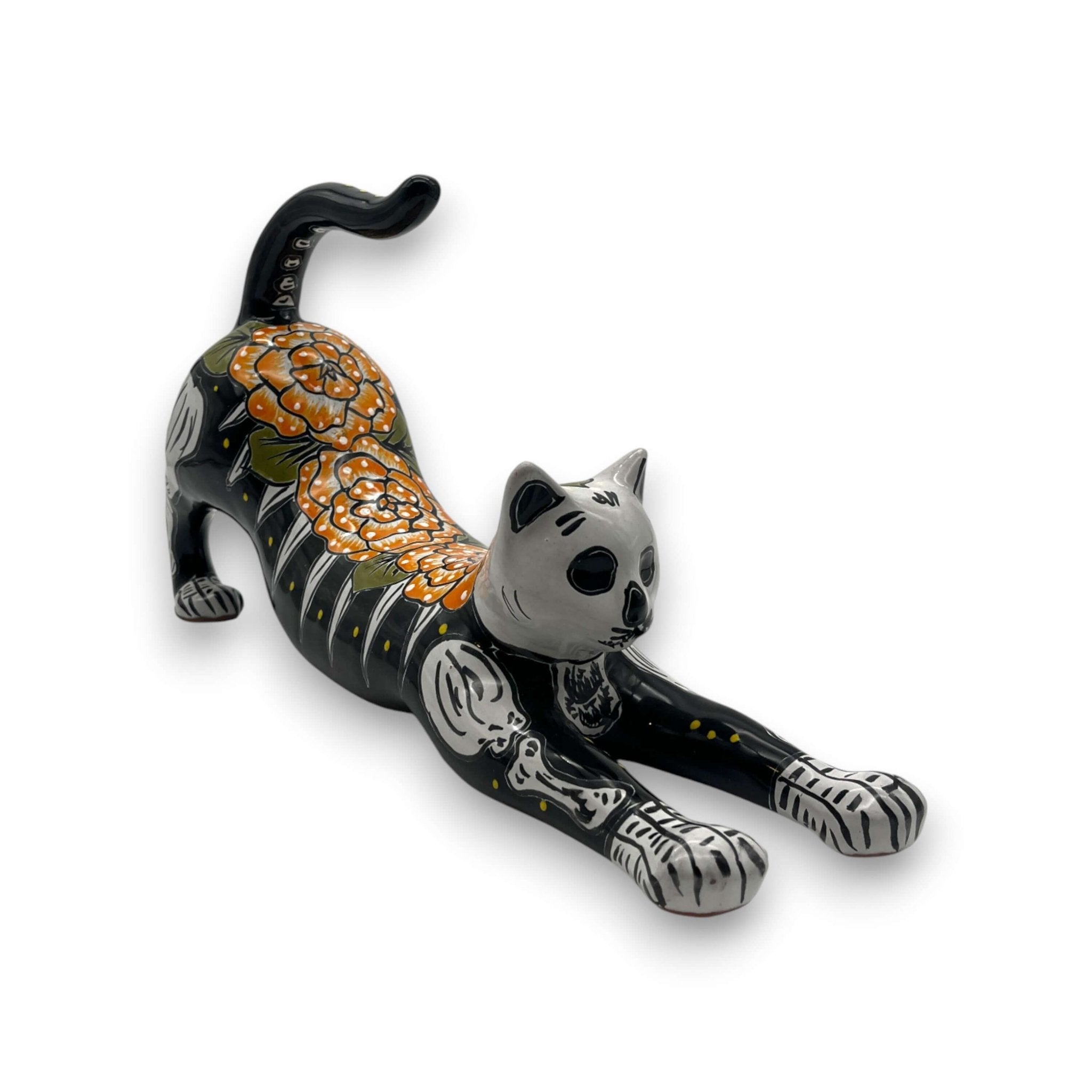 Talavera Stretching Cat Figurine | Hand-Painted Calavera Art Talavera Statue La Vie Bien Talavera Stretching Cat Figurine | Hand-Painted Calavera Art