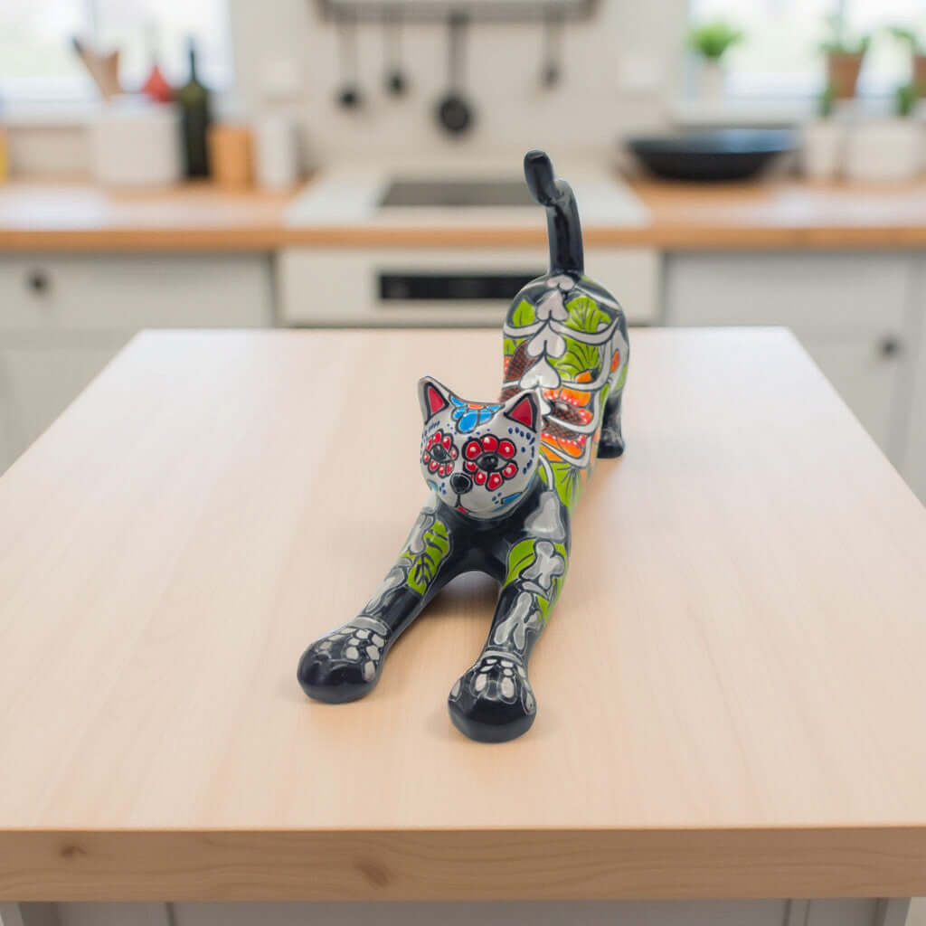 Talavera Stretching Cat Figurine | Mexican Day of the Dead Art Talavera Statue La Vie Bien Talavera Stretching Cat Figurine | Mexican Day of the Dead Art