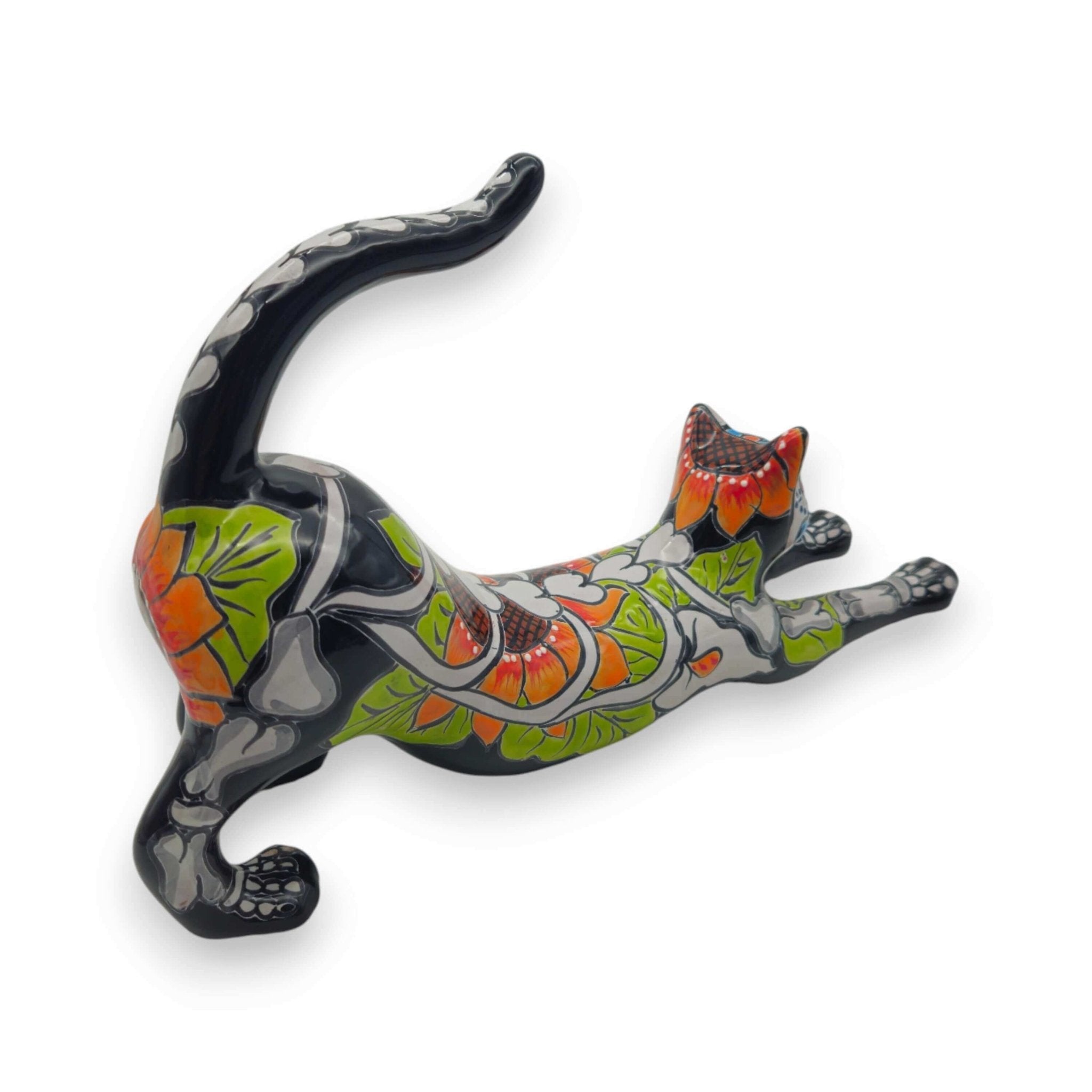 Talavera Stretching Cat Figurine | Mexican Day of the Dead Art Talavera Statue La Vie Bien Talavera Stretching Cat Figurine | Mexican Day of the Dead Art