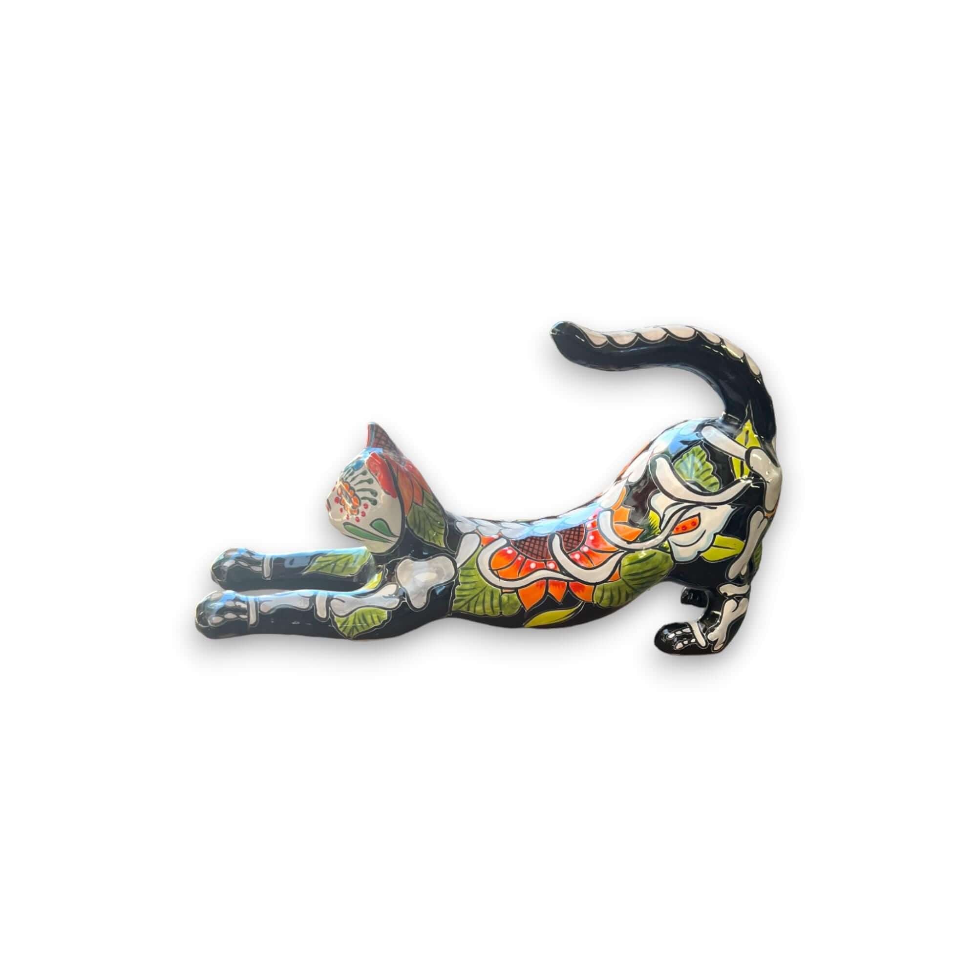 Talavera Stretching Cat Figurine | Mexican Day of the Dead Art Talavera Statue La Vie Bien Talavera Stretching Cat Figurine | Mexican Day of the Dead Art