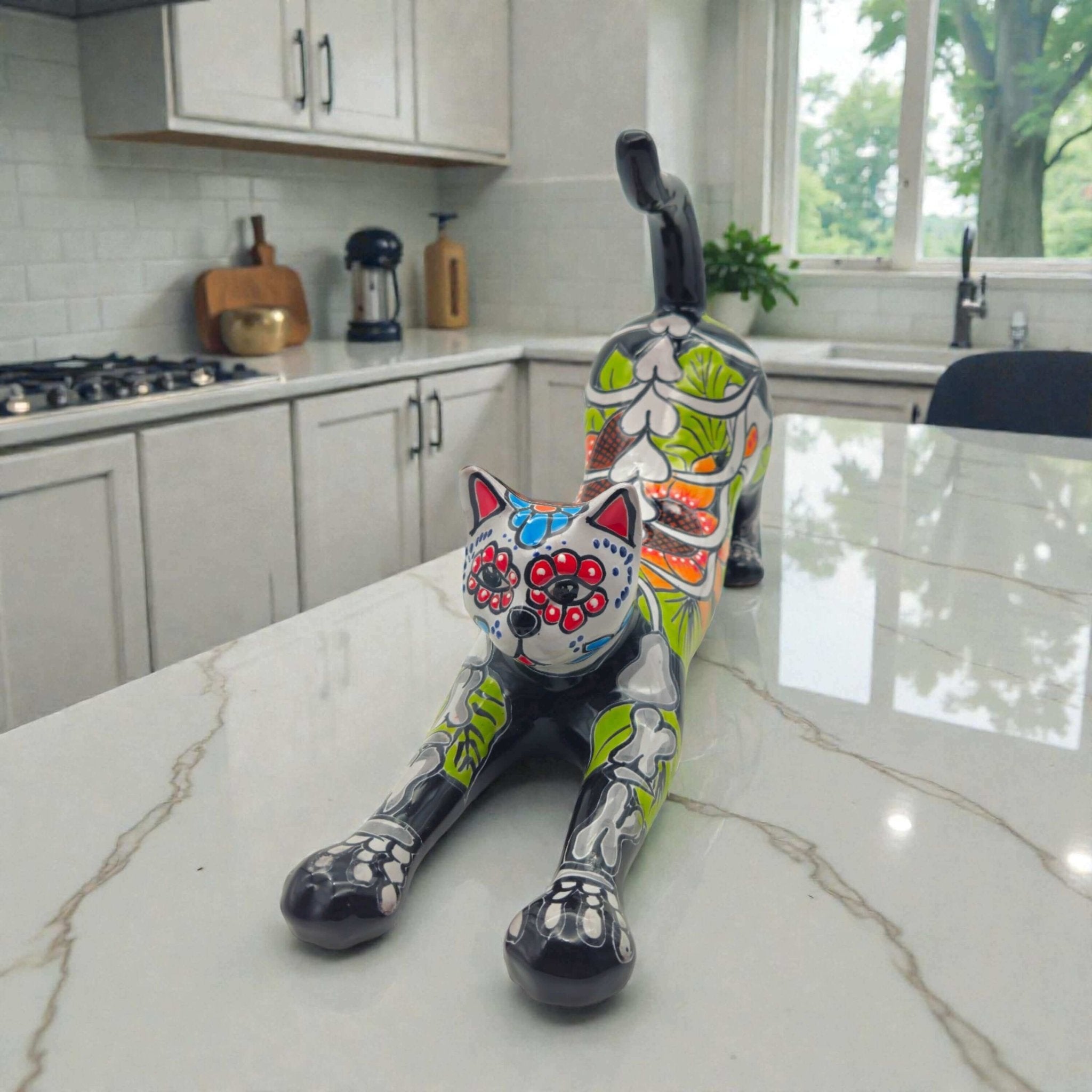Talavera Stretching Cat Figurine | Mexican Day of the Dead Art Talavera Statue La Vie Bien Talavera Stretching Cat Figurine | Mexican Day of the Dead Art