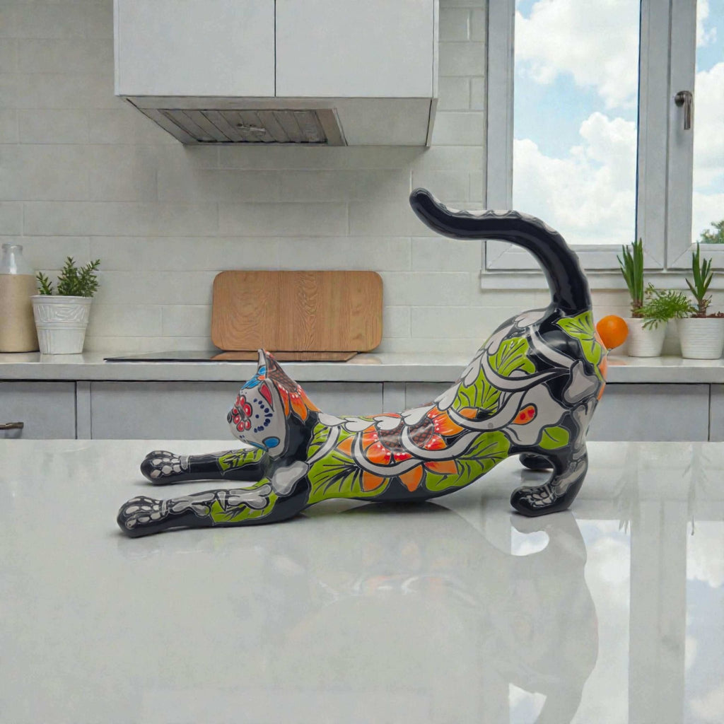Talavera Stretching Cat Figurine | Mexican Day of the Dead Art Talavera Statue La Vie Bien Talavera Stretching Cat Figurine | Mexican Day of the Dead Art