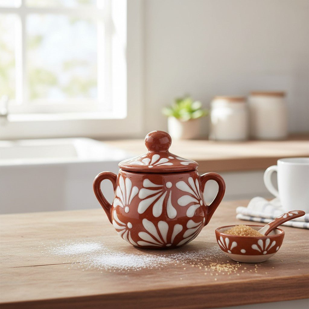 Talavera Sugar Jar | Brown & White Floral Relief Talavera Sugar Jar La Vie Bien Talavera Sugar Jar | Brown & White Floral Relief