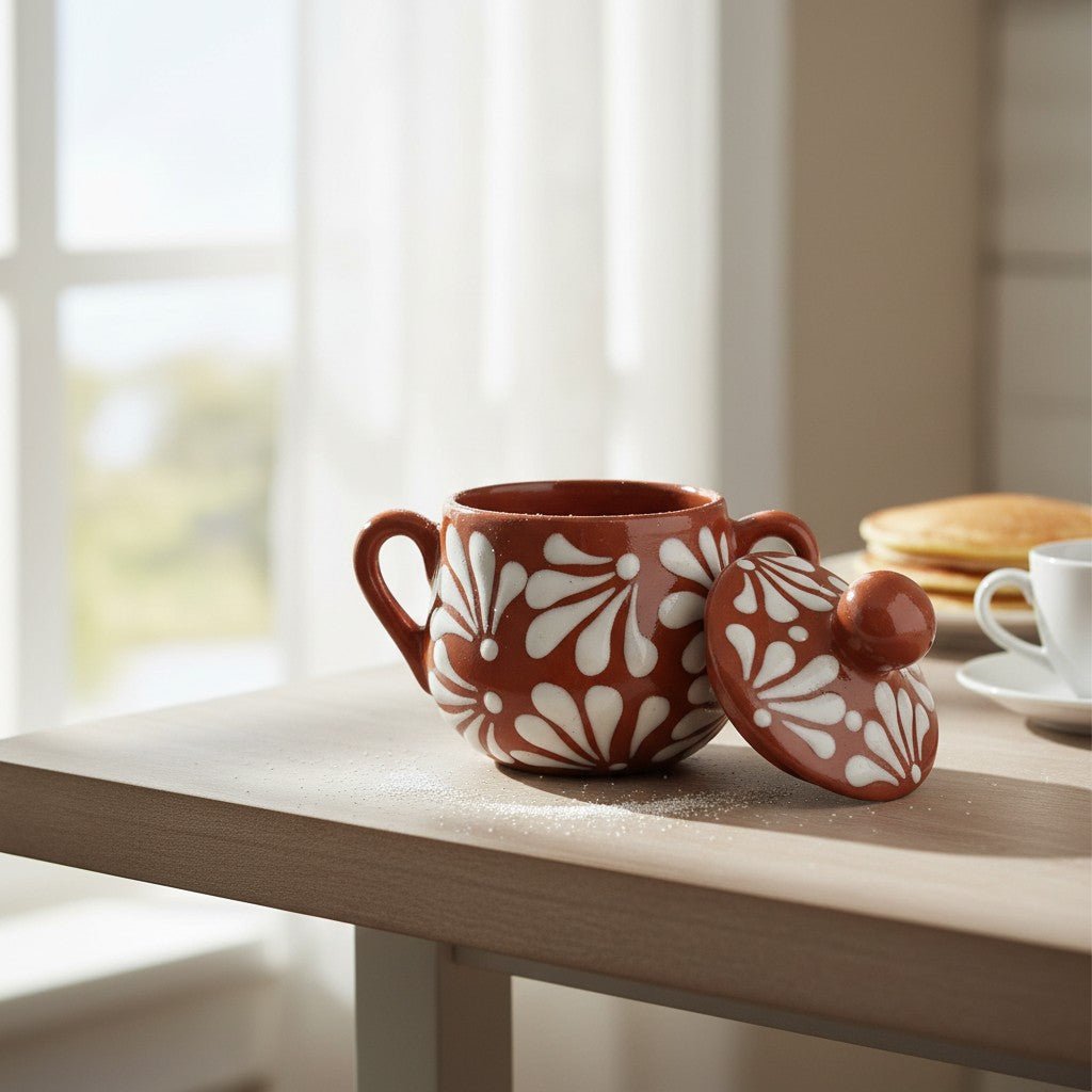 Talavera Sugar Jar | Brown & White Floral Relief Talavera Sugar Jar La Vie Bien Talavera Sugar Jar | Brown & White Floral Relief