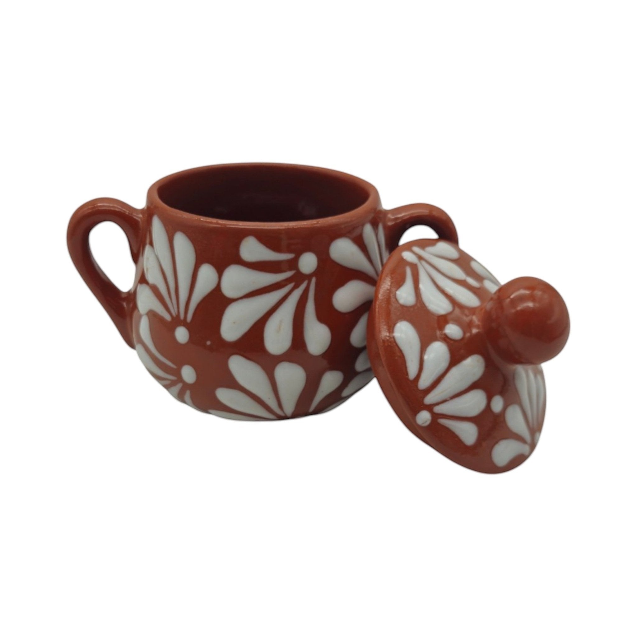 Talavera Sugar Jar | Brown & White Floral Relief Talavera Sugar Jar La Vie Bien Talavera Sugar Jar | Brown & White Floral Relief