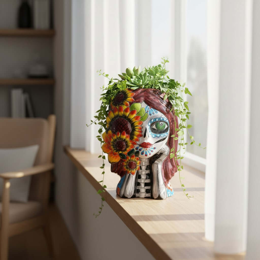 Talavera Sunflower Skull Planter | Handcrafted Day of the Dead Pot Talavera Planter La Vie Bien Talavera Sunflower Skull Planter | Handcrafted Day of the Dead Pot