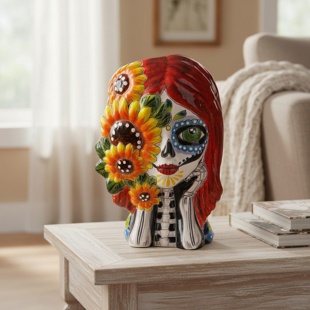 Talavera Sunflower Skull Planter | Handcrafted Day of the Dead Pot Talavera Planter La Vie Bien Talavera Sunflower Skull Planter | Handcrafted Day of the Dead Pot