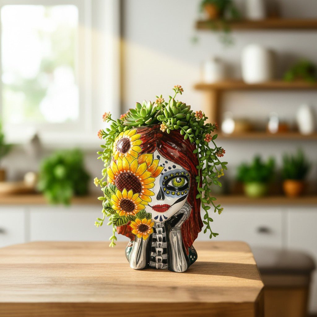 Talavera Sunflower Skull Planter | Handcrafted Day of the Dead Pot Talavera Planter La Vie Bien Talavera Sunflower Skull Planter | Handcrafted Day of the Dead Pot