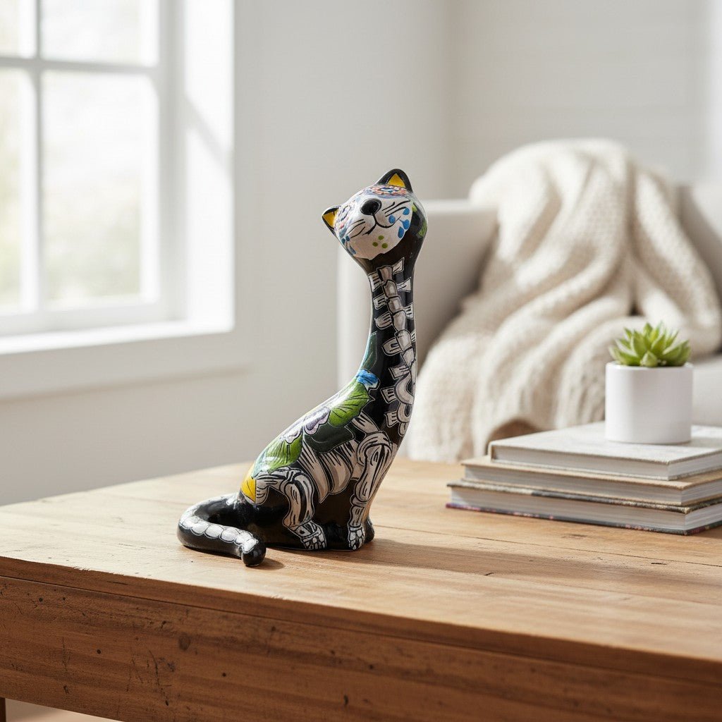Talavera Tall Cat Figurine | Hand-Painted Day of the Dead Art Talavera Statue La Vie Bien Talavera Tall Cat Figurine | Hand-Painted Day of the Dead Art