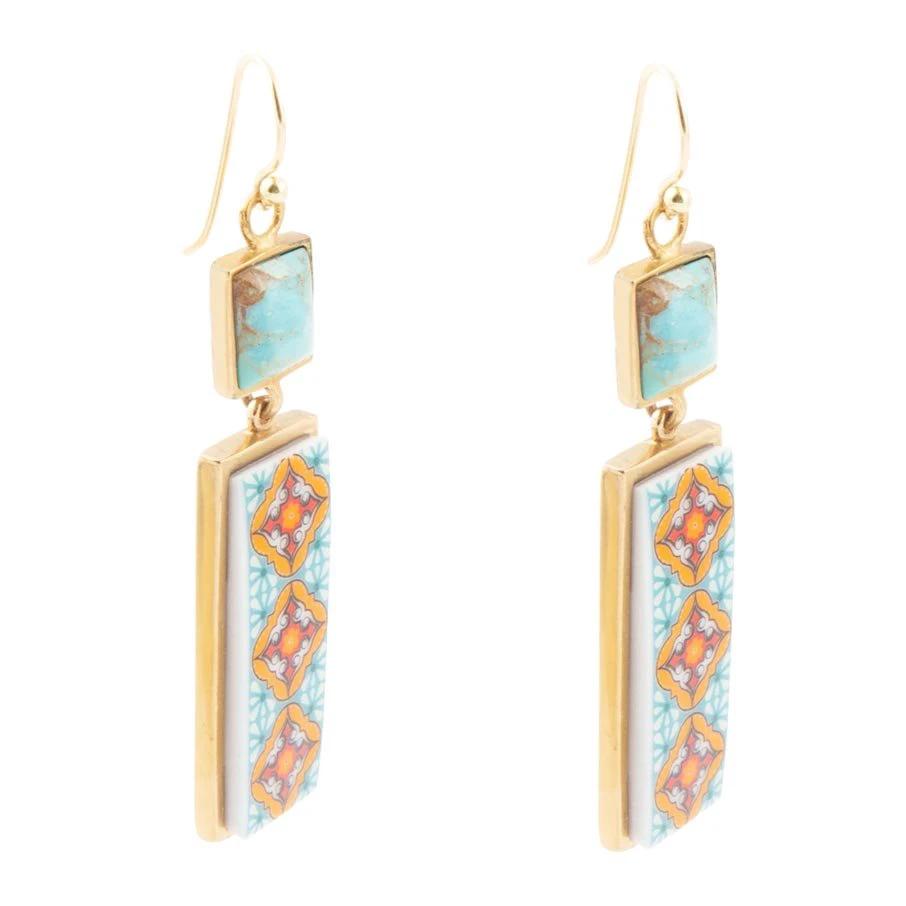 Talavera Tile and Blue Turquoise Golden Dangle Earrings by Barse Jewelry