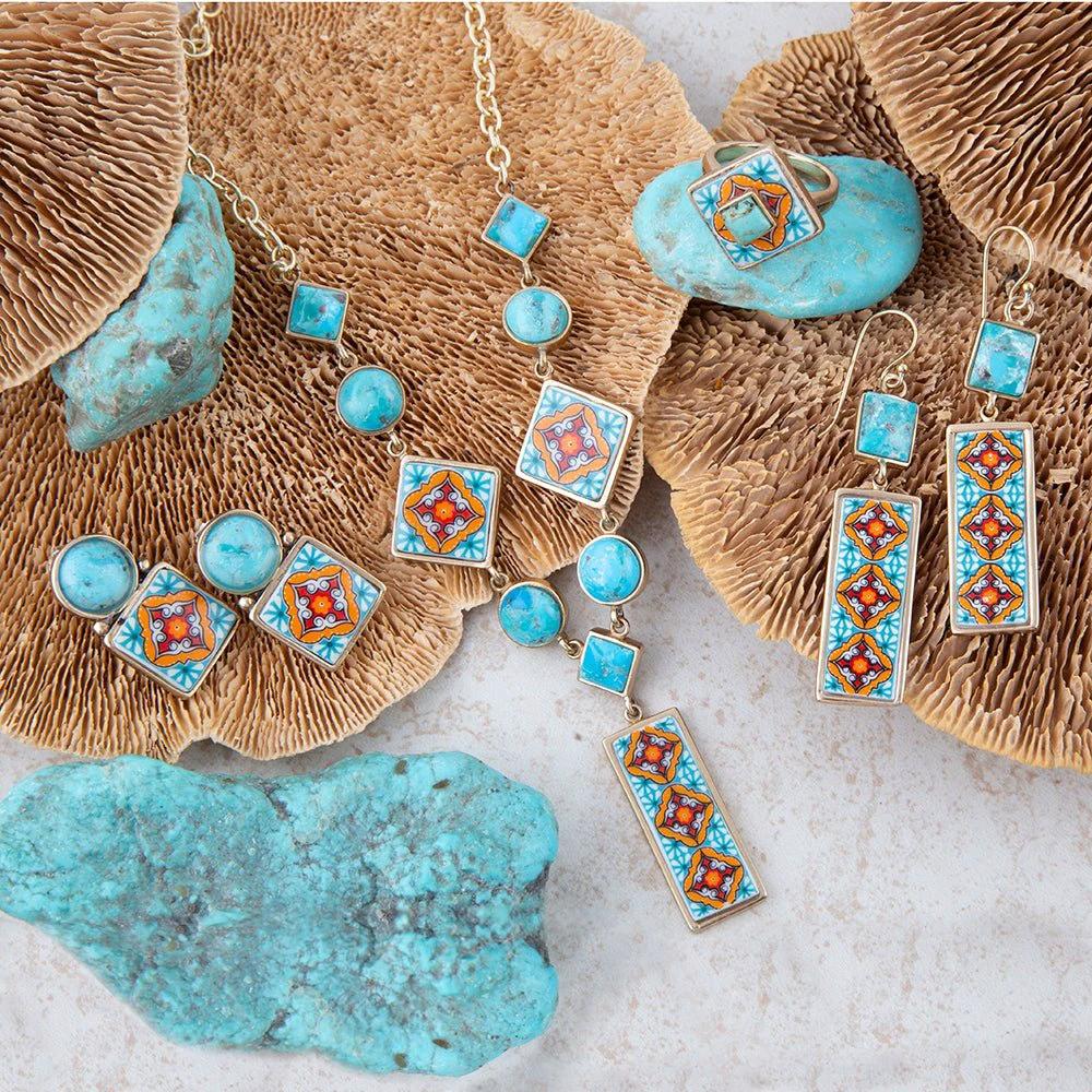 Talavera Tile and Blue Turquoise Golden Dangle Earrings by Barse Jewelry