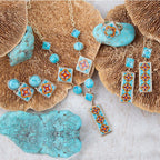 Talavera Tile and Blue Turquoise Golden Dangle Earrings by Barse Jewelry
