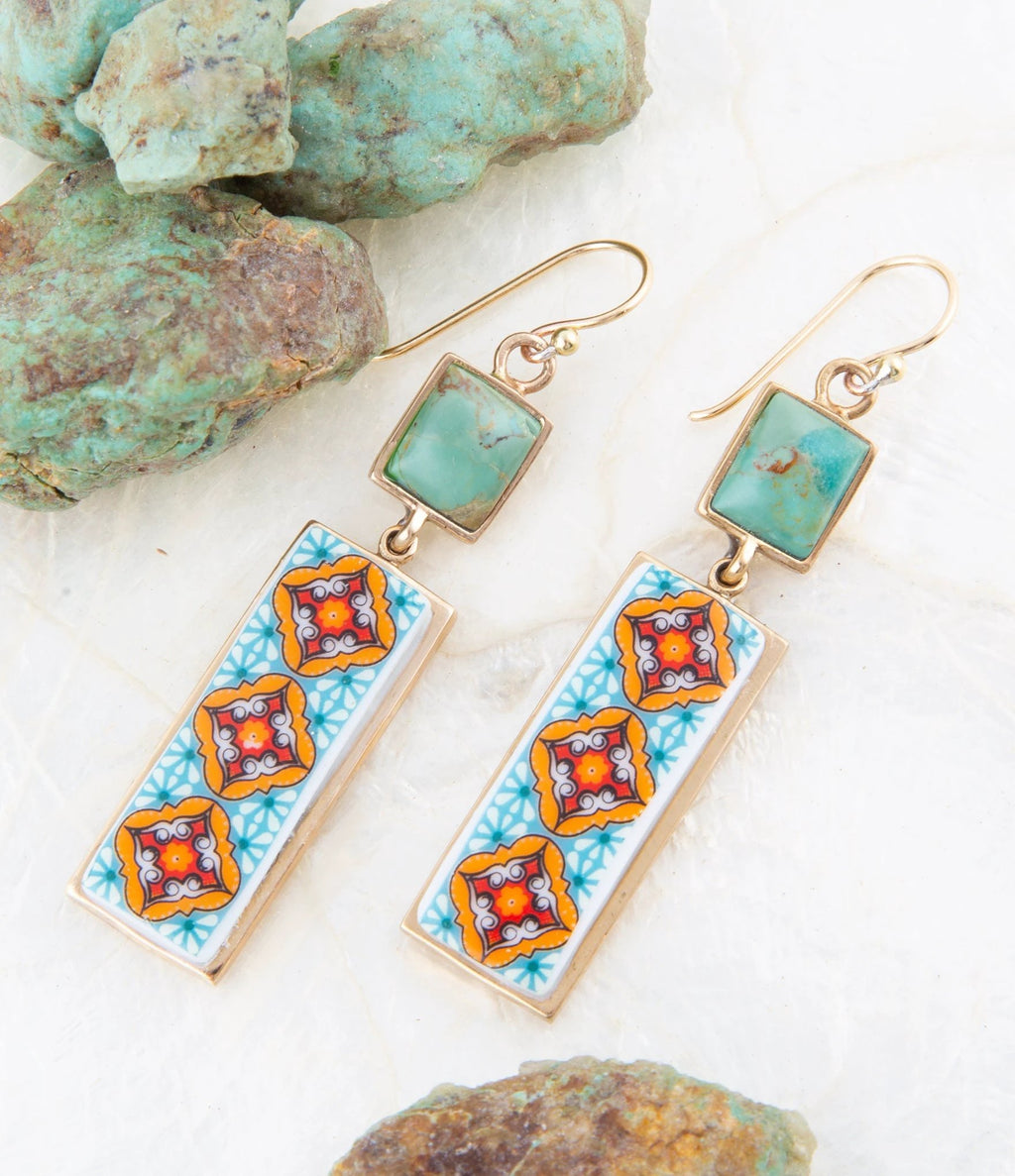 Talavera Tile and Blue Turquoise Golden Dangle Earrings by Barse Jewelry