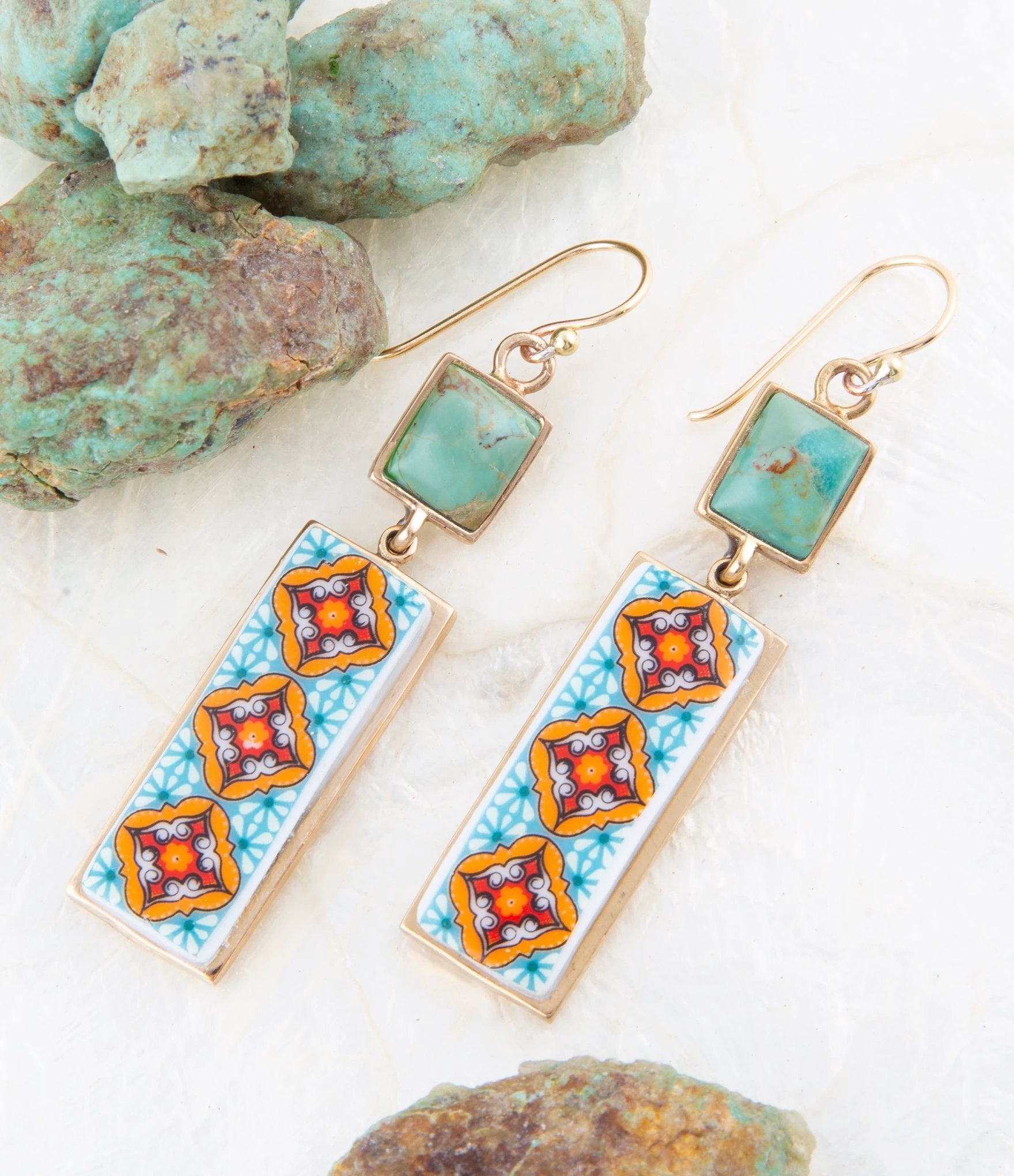 Talavera Tile and Blue Turquoise Golden Dangle Earrings by Barse Jewelry