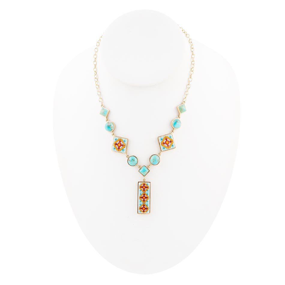 Talavera Tile and Blue Turquoise Golden Y-Neck Necklace