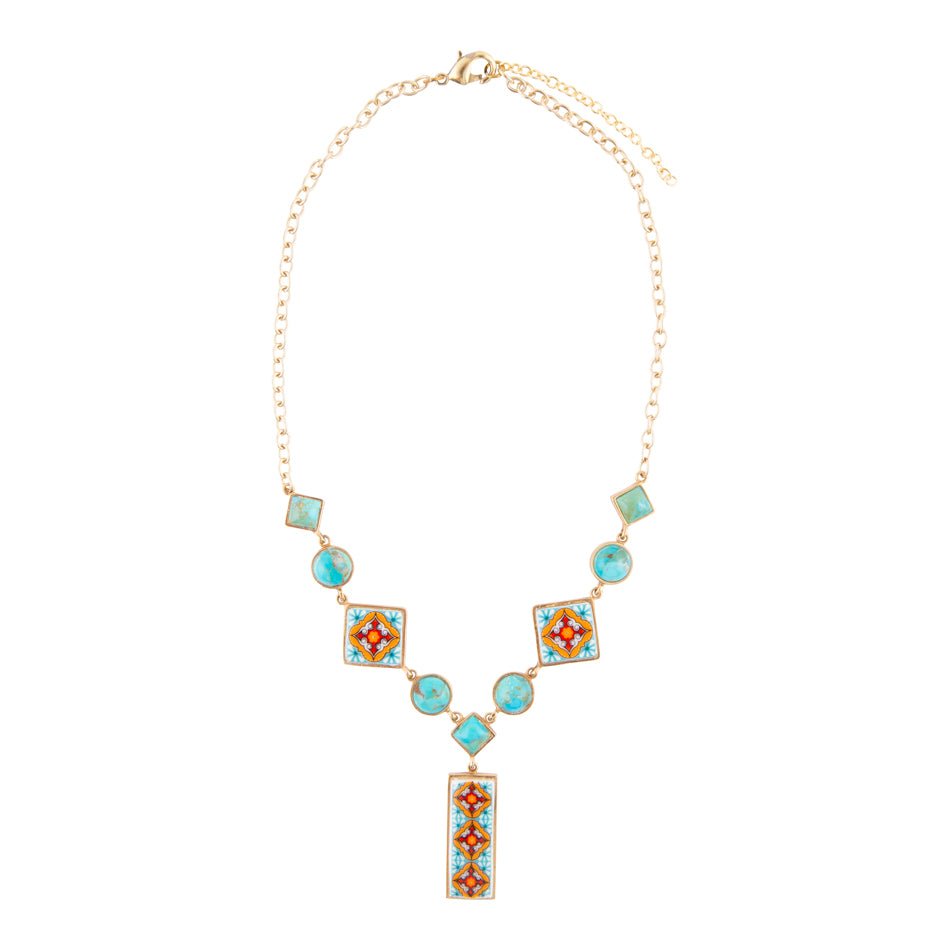 Talavera Tile and Blue Turquoise Golden Y-Neck Necklace
