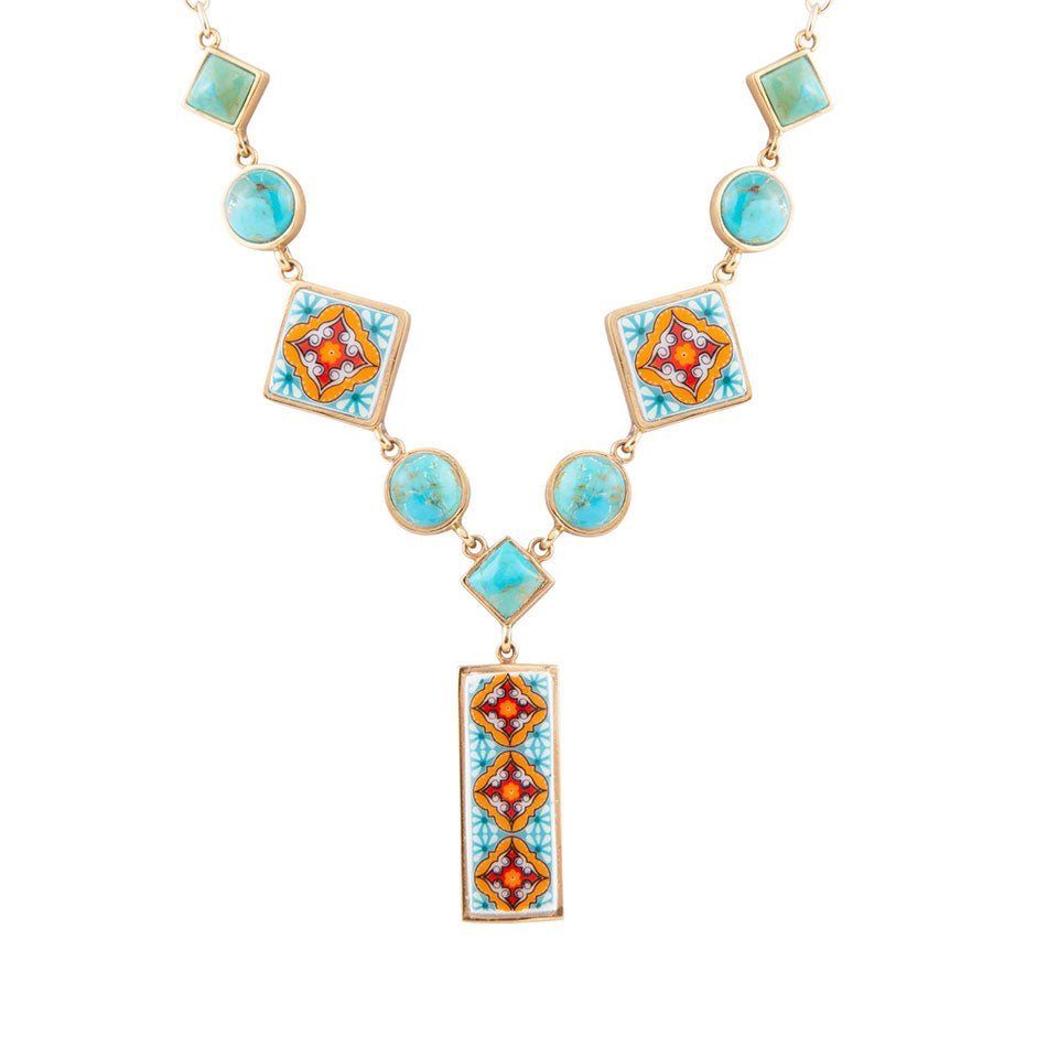 Talavera Tile and Blue Turquoise Golden Y-Neck Necklace necklaces La Vie Bien Talavera Tile and Blue Turquoise Golden Y-Neck Necklace