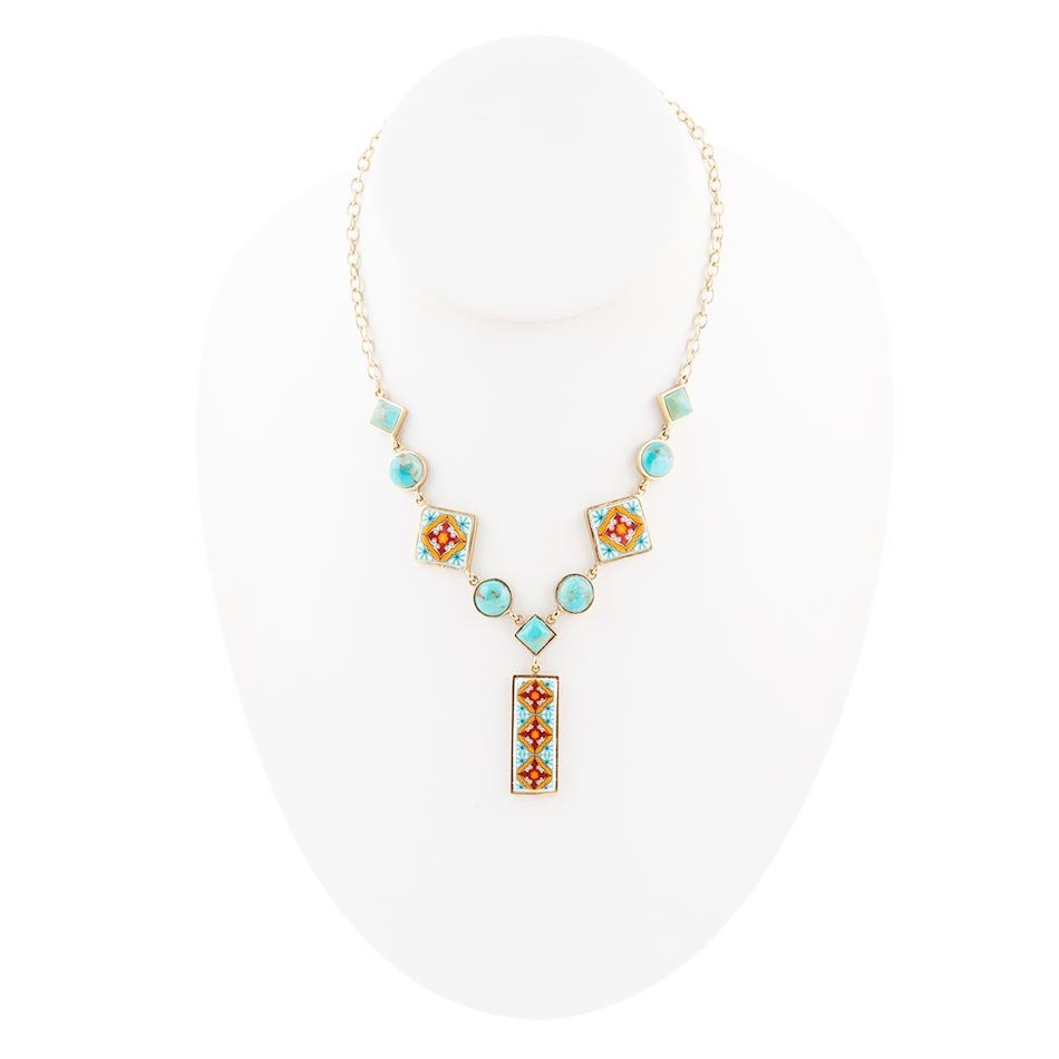 Talavera Tile and Blue Turquoise Golden Y-Neck Necklace necklaces La Vie Bien Talavera Tile and Blue Turquoise Golden Y-Neck Necklace