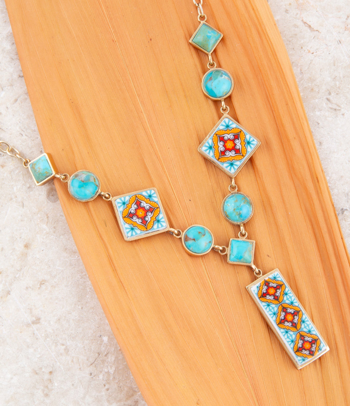 Talavera Tile and Blue Turquoise Golden Y-Neck Necklace necklaces La Vie Bien Talavera Tile and Blue Turquoise Golden Y-Neck Necklace