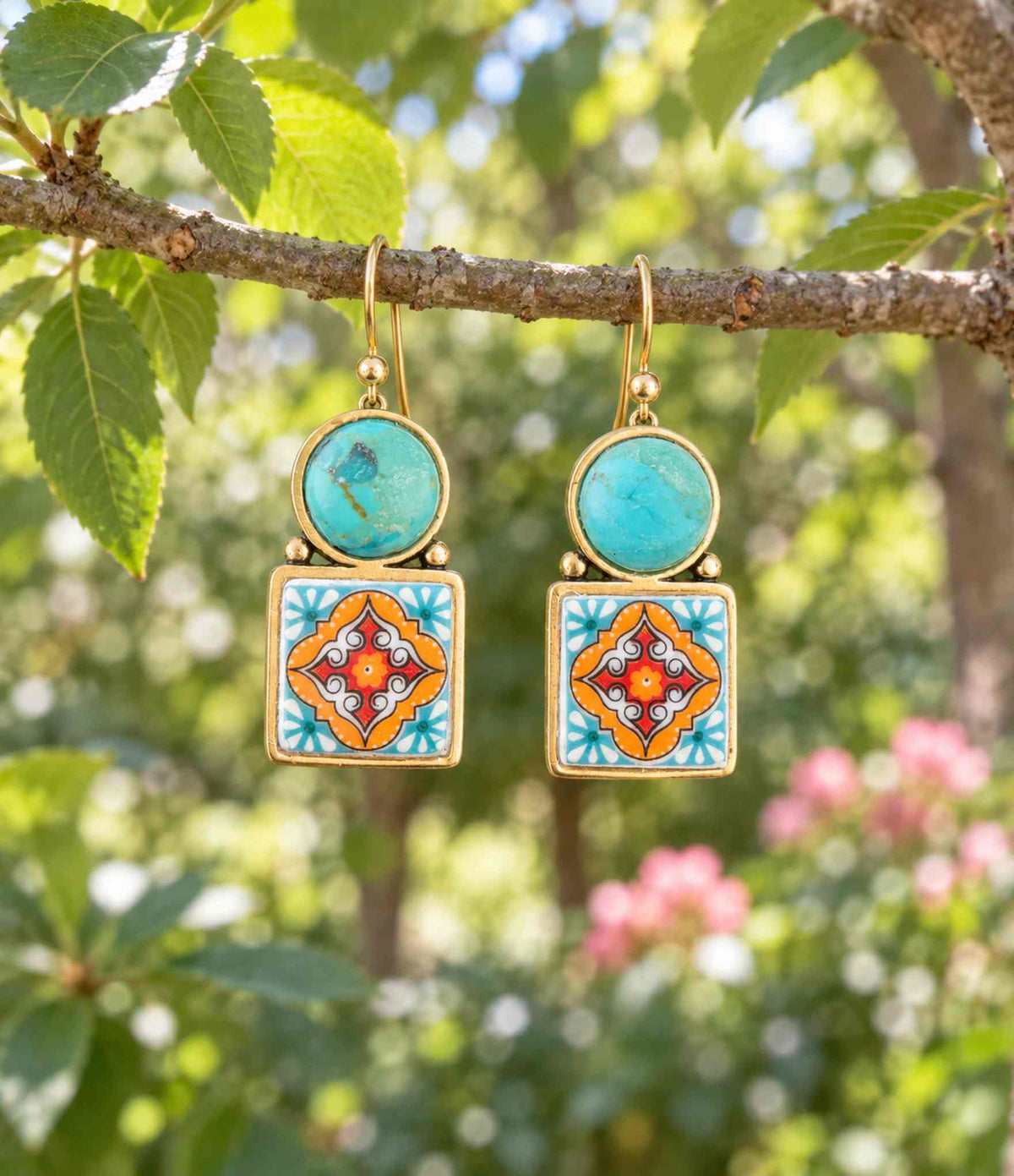 Talavera Tile Blue Turquoise Golden Drop Earrings Earrings La Vie Bien Talavera Tile Blue Turquoise Golden Drop Earrings
