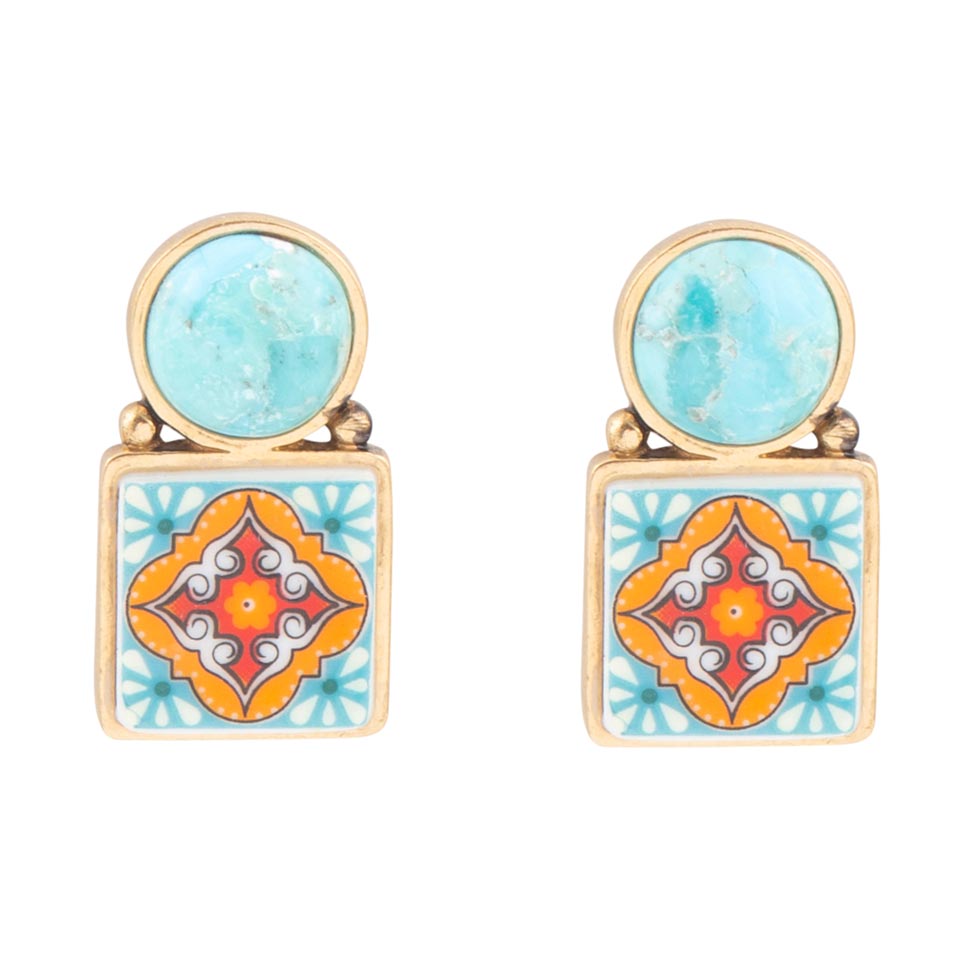 Talavera Tile Blue Turquoise Golden Drop Earrings Earrings La Vie Bien Talavera Tile Blue Turquoise Golden Drop Earrings