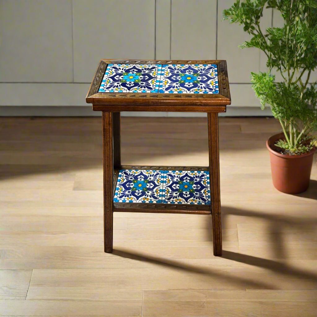 Talavera Tile End Table | Handmade Mexican Wood Accent Furniture Mexican End Table La Vie Bien Talavera Tile End Table | Handmade Mexican Wood Accent Furniture