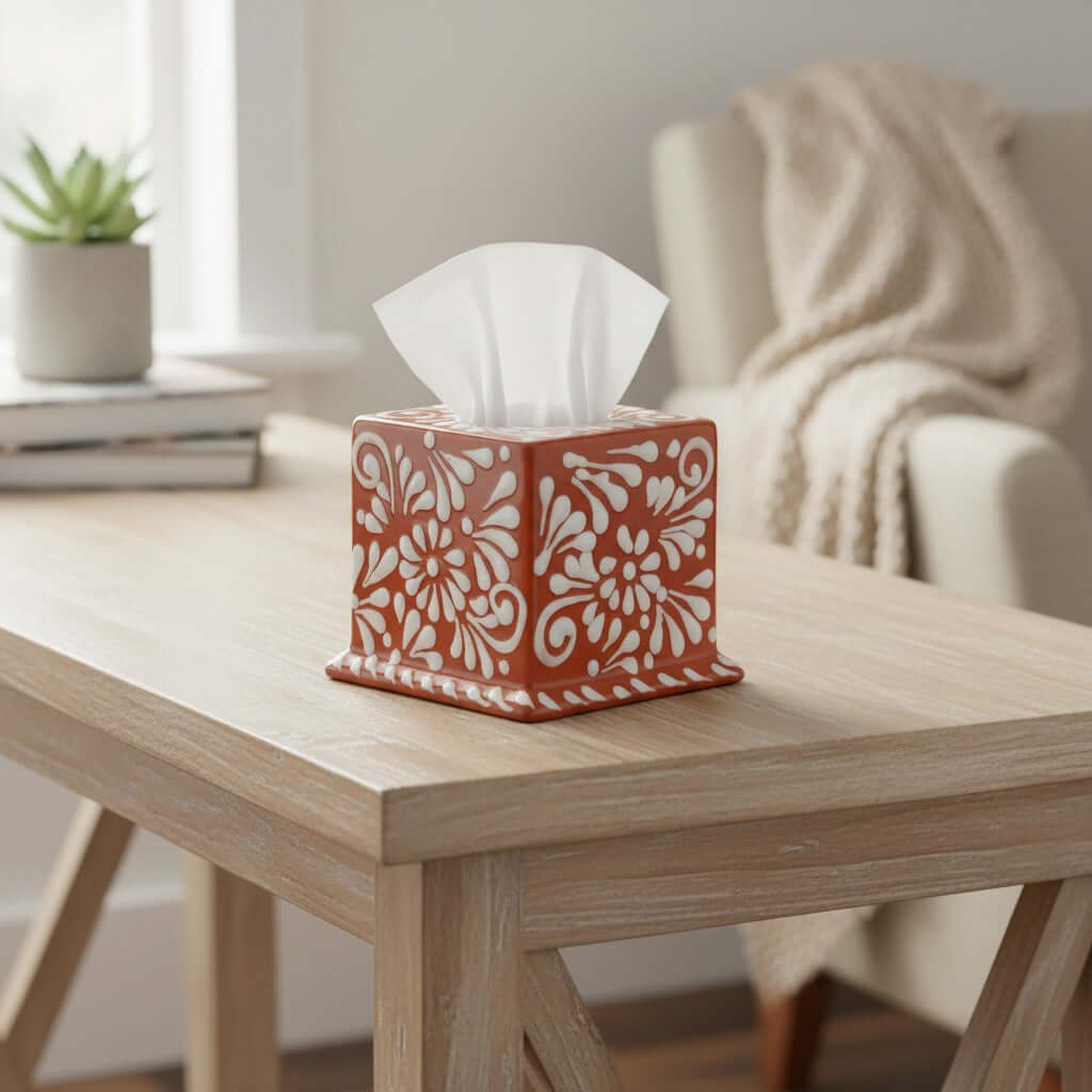 Talavera Tissue Box | Brown & White Floral Design Talavera Tissue Box La Vie Bien Talavera Tissue Box | Brown & White Floral Design