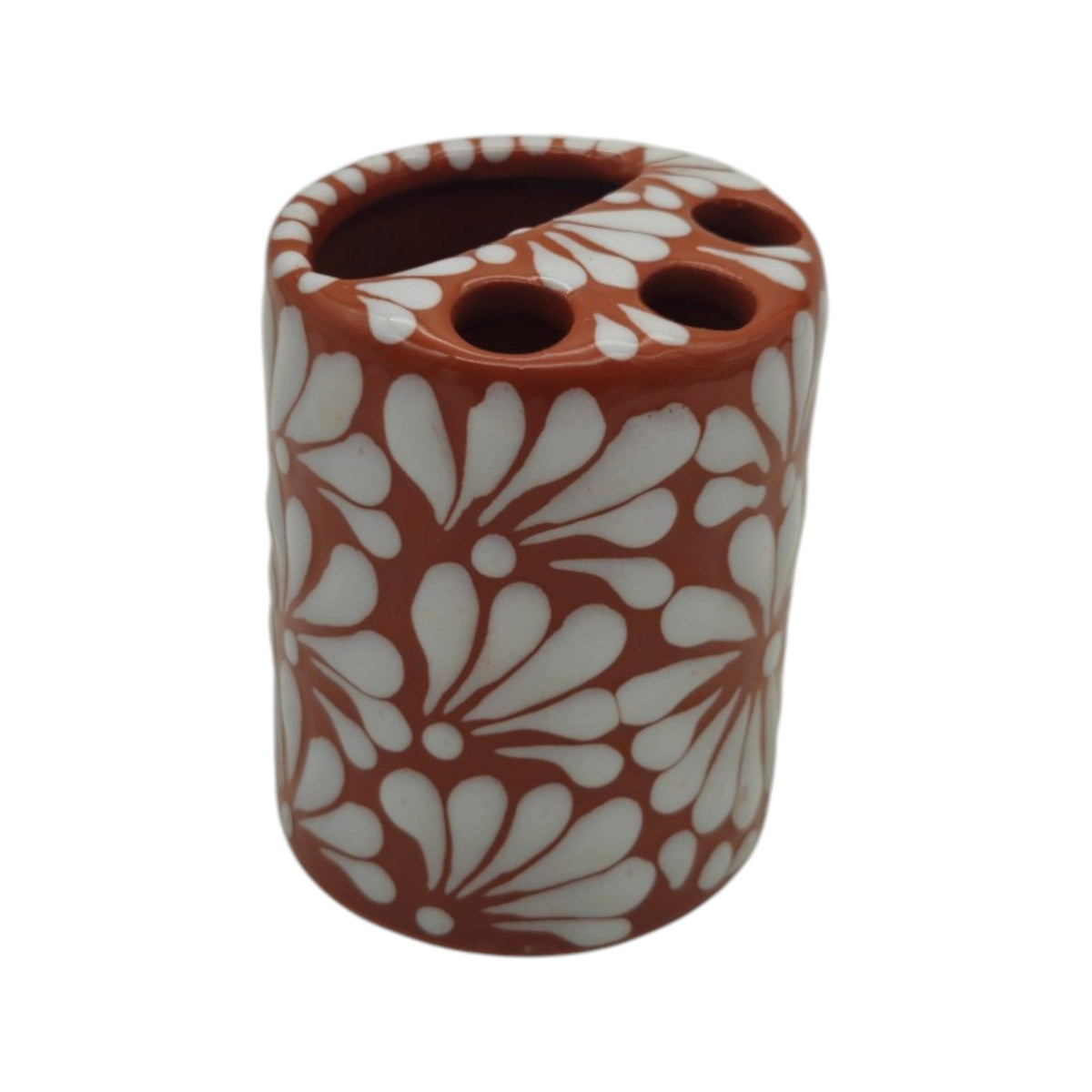 Talavera Toothbrush Holder | Brown & White Floral Talavera Toothbrush Holder La Vie Bien Talavera Toothbrush Holder | Brown & White Floral