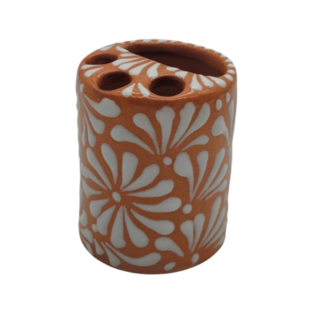 Talavera Toothbrush Holder | Brown & White Floral Talavera Toothbrush Holder La Vie Bien Talavera Toothbrush Holder | Brown & White Floral