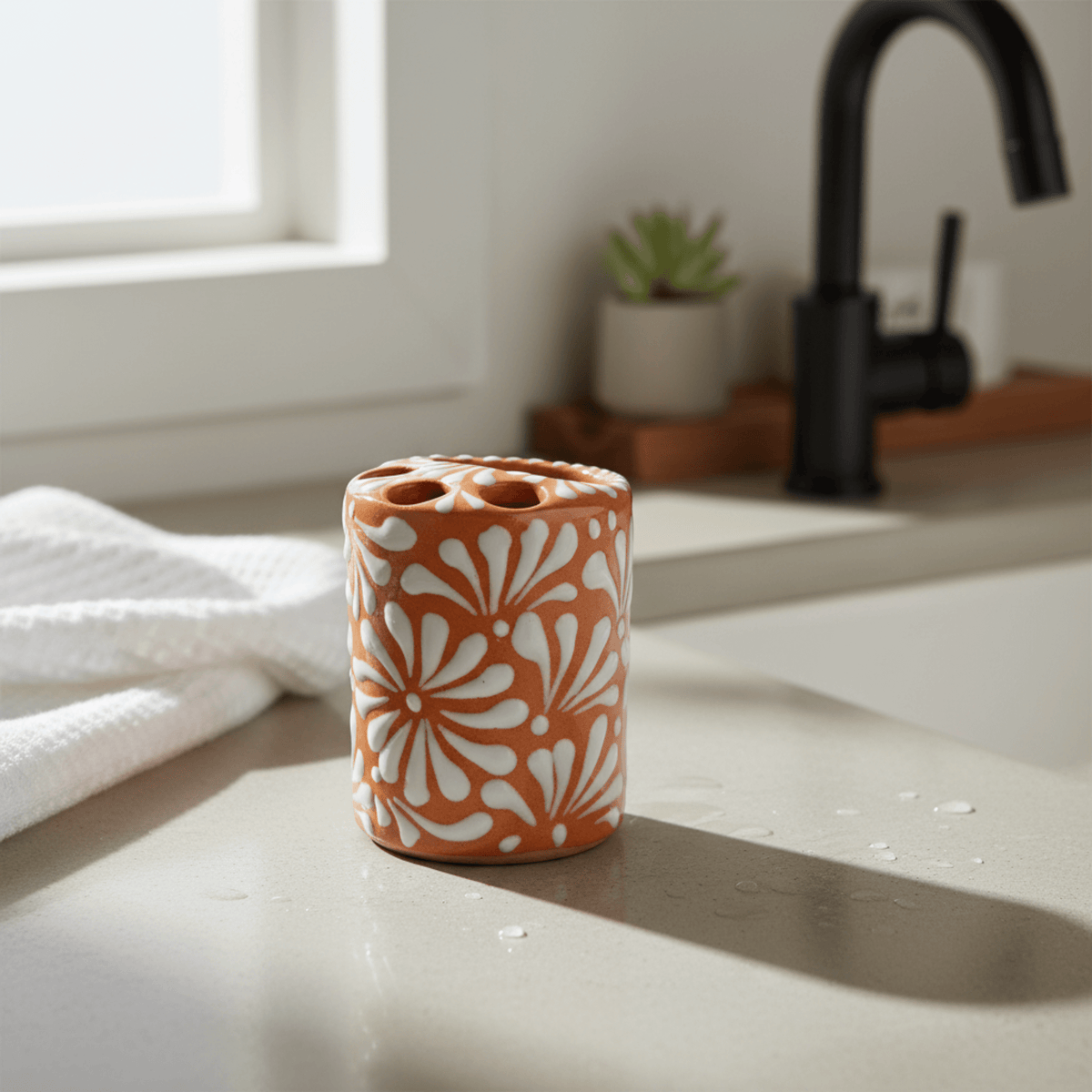 Talavera Toothbrush Holder | Brown & White Floral Talavera Toothbrush Holder La Vie Bien Talavera Toothbrush Holder | Brown & White Floral