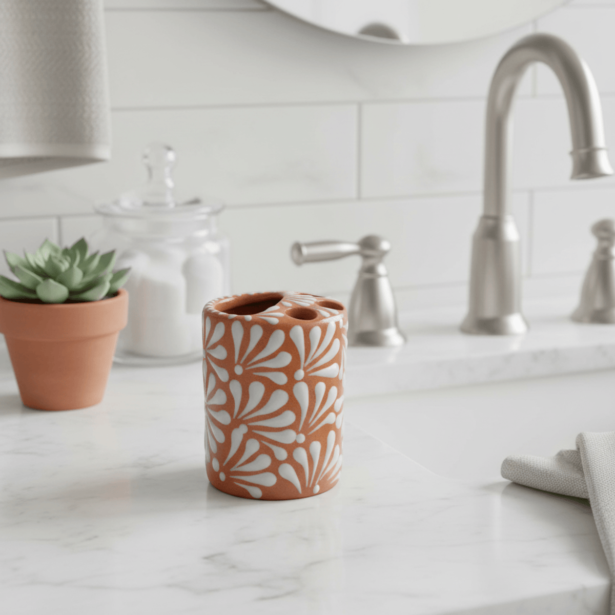 Talavera Toothbrush Holder | Brown & White Floral Talavera Toothbrush Holder La Vie Bien Talavera Toothbrush Holder | Brown & White Floral
