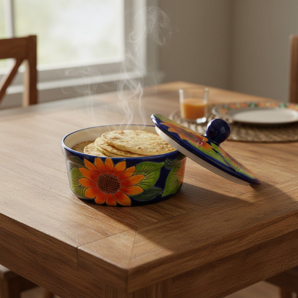 Talavera Tortilla Warmer | Handmade Sunflower Mexican Pottery Talavera Tortilla Warmer La Vie Bien Talavera Tortilla Warmer | Handmade Sunflower Mexican Pottery